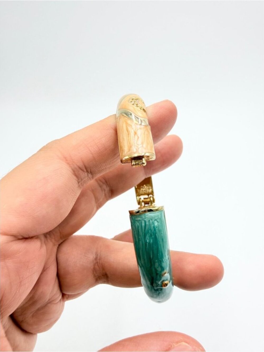 Vintage Enamel Bangle Bracelet Teal Cream Hinged Gold Tone Rhinestone